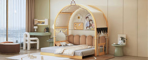 English Elm Twin Pinewood Ground-Level Canopy Bed with Arched Roof and Trundle for Kids—Whimsical, Sturdy Design Natural N820P181648N