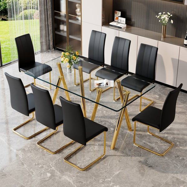 English Elm Tempered Glass Rectangular Dining Set Seats 8 with Glam Metal Legs Pu Leather Chairs Black,Gold W3875S00057