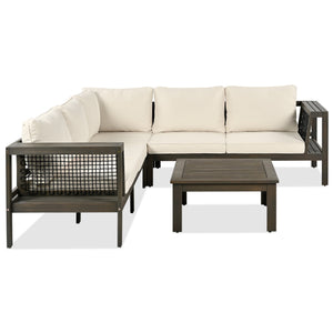 English Elm GO 4 Pieces Outdoor Acacia Wood Sofa Set with Removable Cushions, Woven Armrests & Coffee Table Beige,Grayish Brown N704G201249A