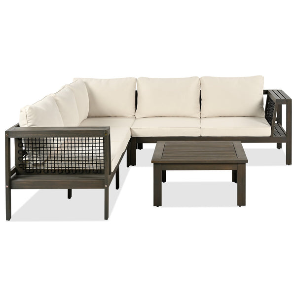 English Elm GO 4 Pieces Outdoor Acacia Wood Sofa Set with Removable Cushions, Woven Armrests & Coffee Table Beige,Grayish Brown N704G201249A