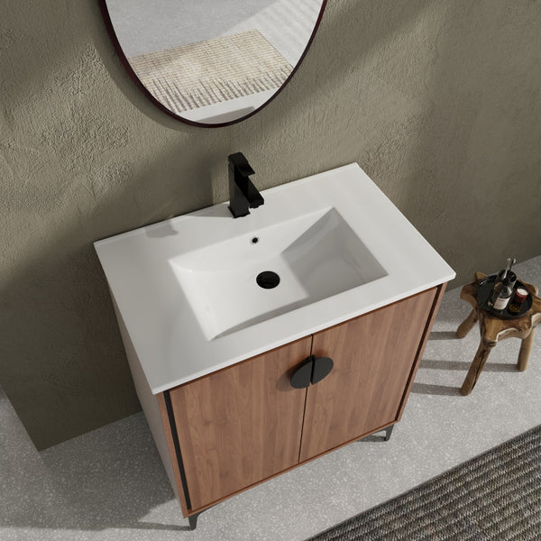 English Elm 30 LEVISTAR Bathroom Vanity with Drop-In Ceramic Sink, 2-Door Engineered Wood Cabinet, Brown, 30" W1972S00002