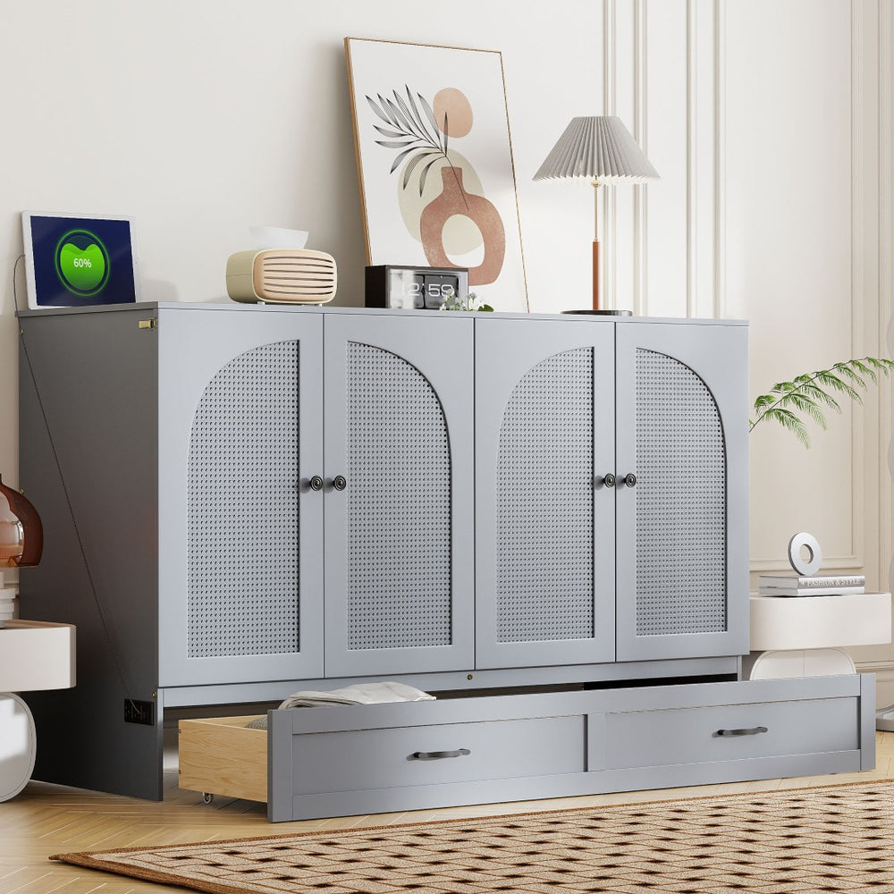 English Elm Queen Murphy Wall Bed with Usb Ports Storage Drawers and Cabinet Style Panel Front Gray N708S00010E