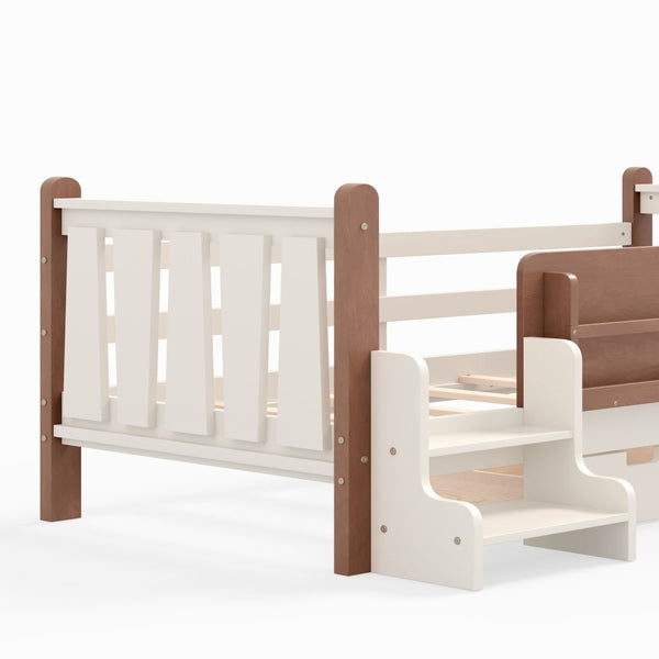 English Elm Twin Pine Floor Bed with Guardrails Built-in Bookcases and Stair Steps for Kids Beige W1580P430199