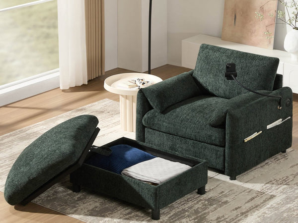 English Elm 37" Oversized Chenille Armchair with Ottoman Usb Charging Pocket Spring Living Room Green N723P387145F