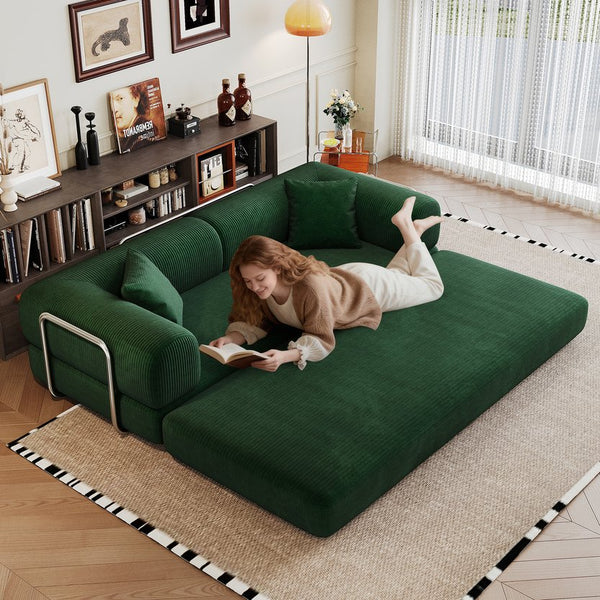 English Elm 78.8" Compression Sofa Convertible Floor Bed with Corduroy Fabric, No-Assembly Modular Futon, Supportive Backrest and Armrests Green W2824P373432