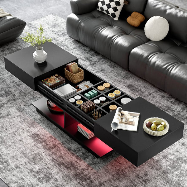English Elm U-Can Extendable Coffee Table with Bluetooth 16-Color LED, Smooth Glide Top and Hidden Storage Space Black N724P290061B