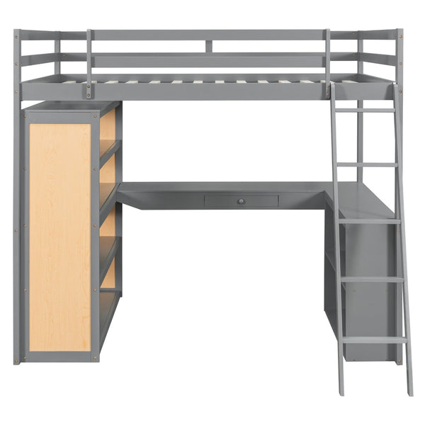 English Elm Full Size Loft Bed with Desk Shelves Writeable Board Pine Frame Gray Finish LT100226AAE-1