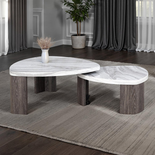 English Elm Contemporary Triangle 3-Piece Table Set: Nesting Coffee Table & 2 End Tables In Marble Finish B2741S00649