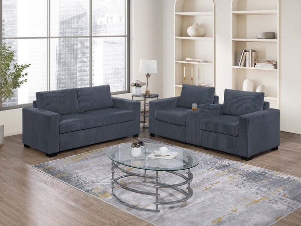 English Elm Elegant Wide-Welt Corduroy 2-Piece Sofa Set with Console Charging Station, Cup Holders, Loveseat Dark Gray 39 L x 26 W x 53 H B011S01742