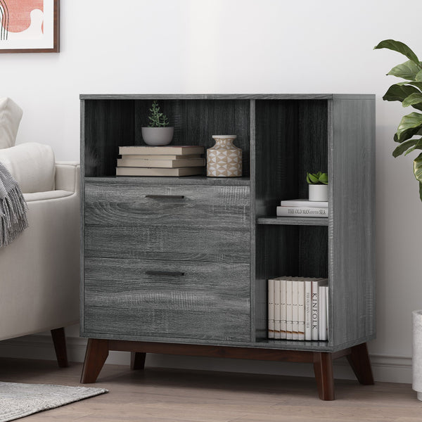 English Elm Christopher Knight Home® - CABINET mid-century modern faux wood storage console with splayed legs, drawers & cubby shelves Grey 67351.00SONGRY