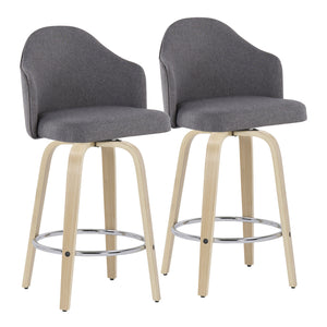 English Elm Ahoy Mid-Century Modern Counter Stool Set Of 2 With Grey Fabric, Natural Wood Legs & Chrome Footrest B202S00169