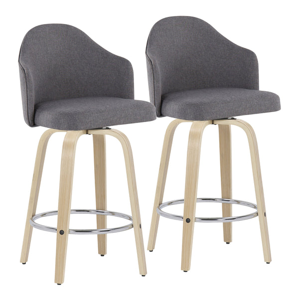 English Elm Ahoy Mid-Century Modern Counter Stool Set Of 2 With Grey Fabric, Natural Wood Legs & Chrome Footrest B202S00169