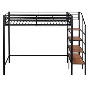 English Elm Twin Metal Loft Bed with Upper Grid Storage Shelf and 4-Layer Ladder Shelves for Space Saving Black SF100081AAB
