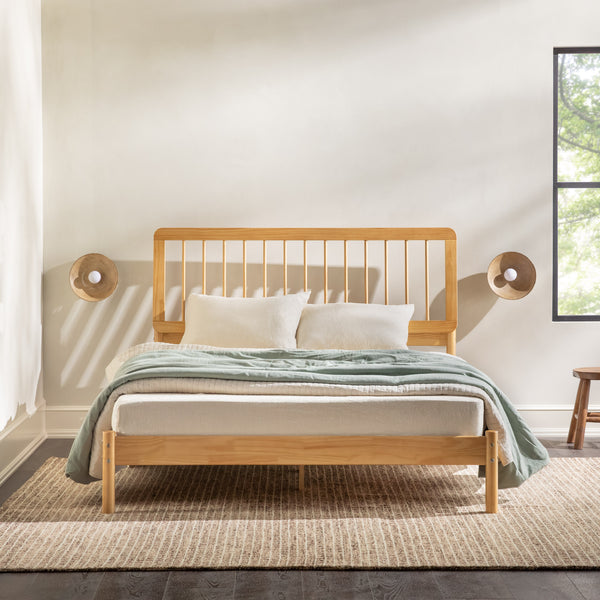 English Elm Walker Edison - Mid-Century Solid Pine Queen Spindle Bed Frame with Slat-Back Design, Warp-Resistant Slats, Sturdy Support Natural Wood 84.5 L x 25 W x 5 H B185P169116
