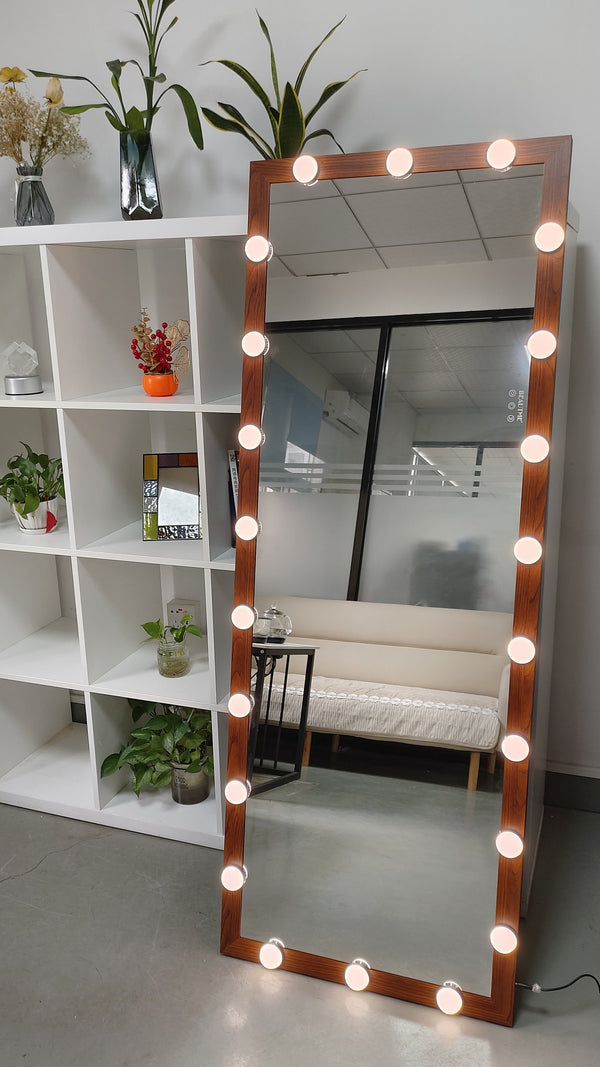 English Elm Hollywood Full Length LED Mirror with 22 Bulbs, 3 Color & Brightness Modes, Walnut Frame, Touch Control W708P297645