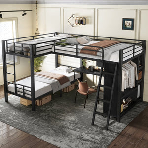 English Elm L-shaped Triple Bunk Bed with Desk Wardrobe Metal Frame for Teen Shared Rooms W5305S00003