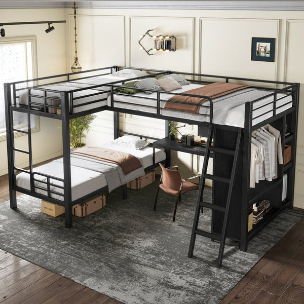 English Elm L-shaped Triple Bunk Bed with Desk Wardrobe Metal Frame for Teen Shared Rooms W5305S00003