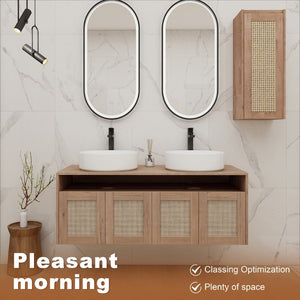 English Elm 48" Floating Bathroom Vanity Oak Finish Dual Ceramic Sinks Four Soft Close Doors W999S00498