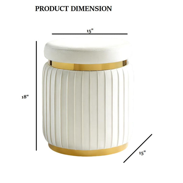 English Elm Contemporary Plush Pleated Round Ottoman Stool with Gold Trim Base, Velvet-Like Accent Seat for Living Room White 16 L x 16 W x 19 H B2741P388359