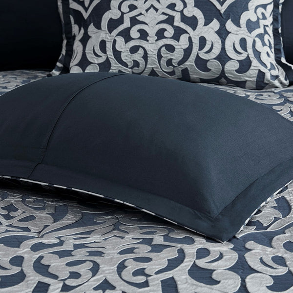 English Elm 8 Piece Jacquard Comforter Set In Navy & Silver - Luxurious Hotel-Style Bedding For King Beds B035128893