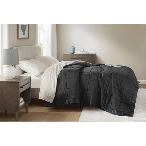 JLA Home Madison Park - Lightweight Down Alternative Blanket with Satin Trim, Moisture-Wicking OEKO-TEX Hypoallergenic Comfort Black MP51-8502