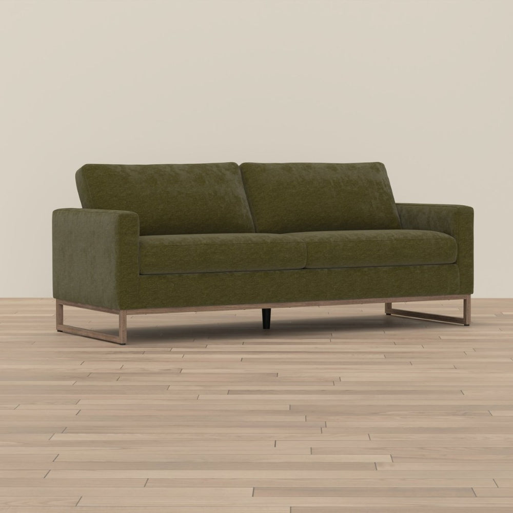 English Elm Green Olive Textured Fabric Sofa with Wraparound Metal Base for Modern Living Rooms B361P486924