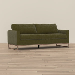 English Elm Green Olive Textured Fabric Sofa with Wraparound Metal Base for Modern Living Rooms B361P486924