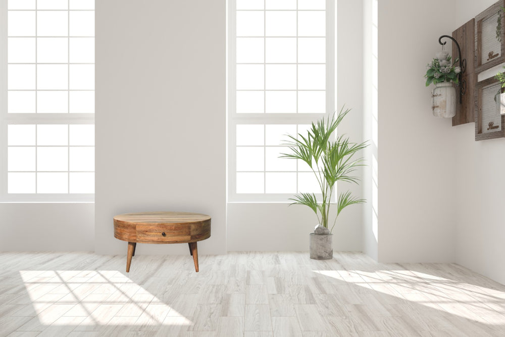 English Elm Solid Wood Odyssey Oak-Ish Coffee Table - Handcrafted Mango Wood With Brass Drawer, Modern Design B182P279321-GIGA