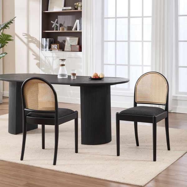 English Elm Rattan Backrest Dining Chairs Set of 2 Teddy Fabric Cushion Solid Wood Legs Kitchen Black W3244P475533