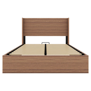 English Elm Large Queen Walnut Storage Bed Frame with Hydraulic Lift, Rustic Slatted Wood Design, Sturdy Iron Support and Quiet No-Spring Operation W1858P307153