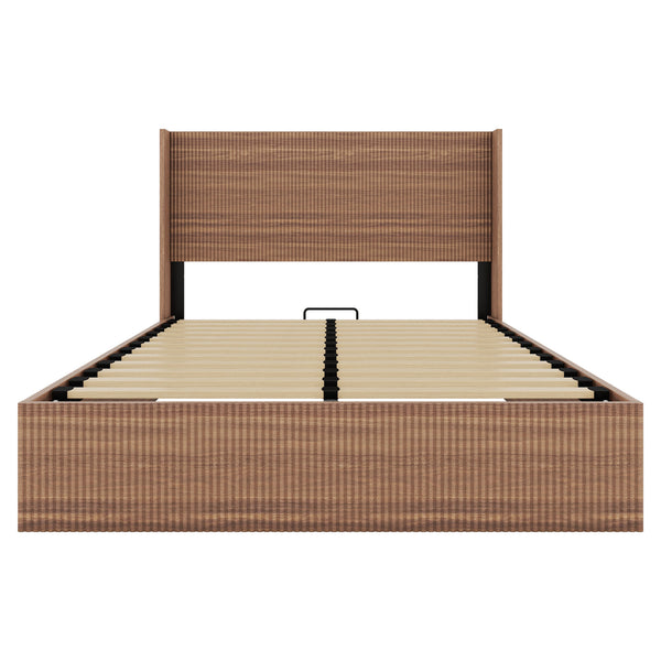 English Elm Large Queen Walnut Storage Bed Frame with Hydraulic Lift, Rustic Slatted Wood Design, Sturdy Iron Support and Quiet No-Spring Operation W1858P307153