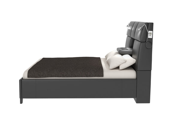 English Elm Queen Music Bed with Bluetooth Speakers, Touch Lighting & Removable Beverage Tray — Black Vinyl Modern Design B2699S00010