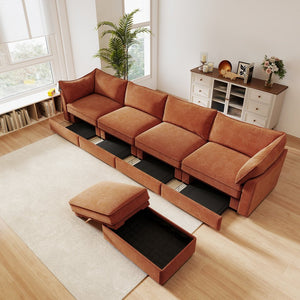 English Elm L-Shaped 4-Seater Sectional Sofa With Movable Ottoman & Storage, Soft Chenille In Chic Orange W3041S00210