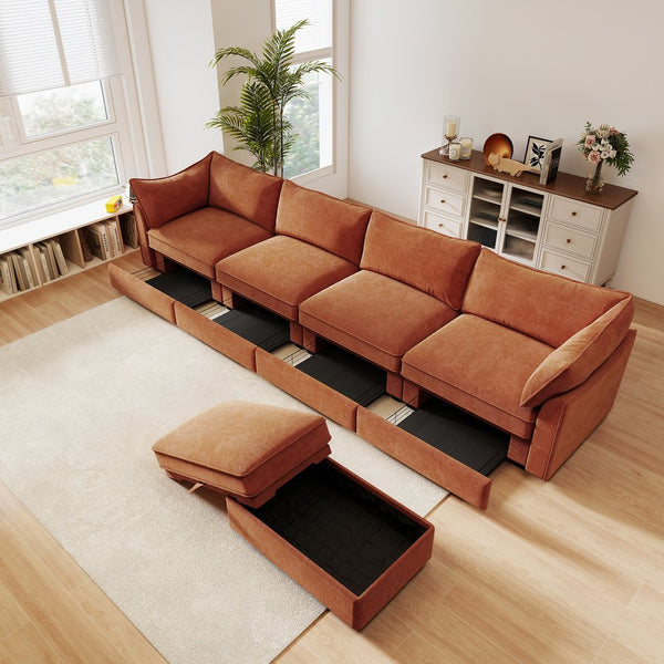 English Elm L-Shaped 4-Seater Sectional Sofa With Movable Ottoman & Storage, Soft Chenille In Chic Orange W3041S00210