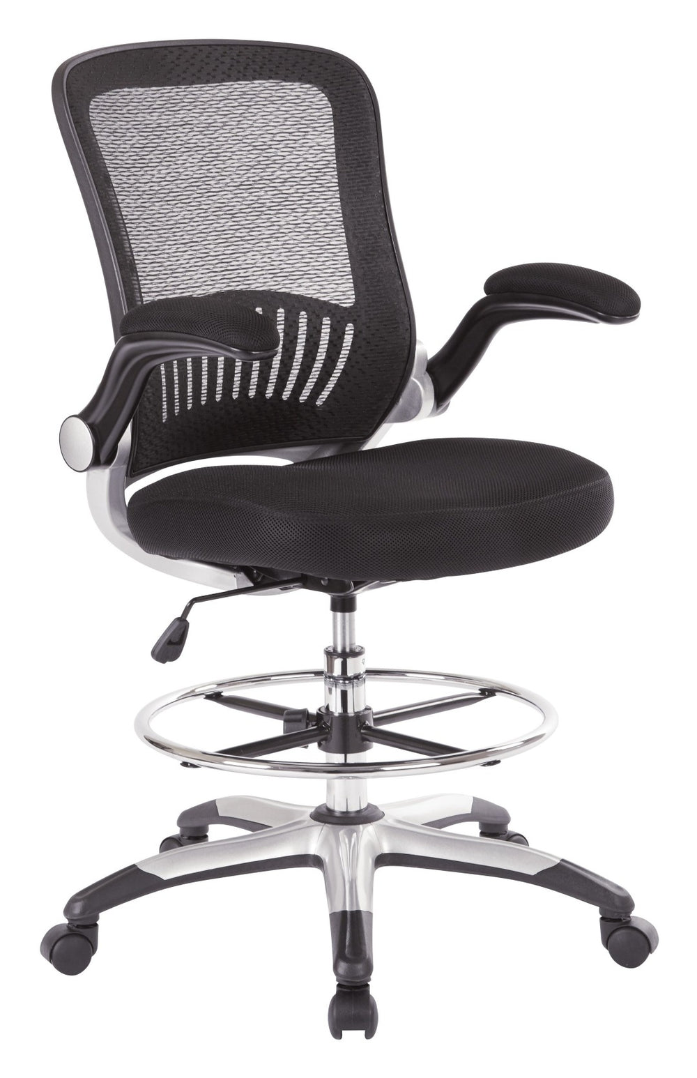 OSP Home Furnishings Mesh Back Ergonomic Drafting Chair with Lumbar Support Padded Flip up Arms Studio Use DCY69006-3M