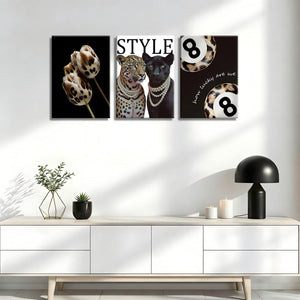 English Elm Fashion Cheetah Black White Canvas 3 Piece Wall Art Set for Bedroom or Dorm W2181P483638