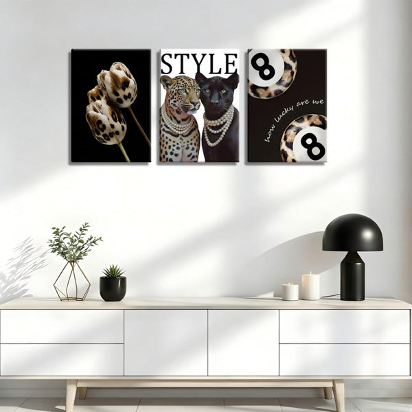 English Elm Fashion Cheetah Black White Canvas 3 Piece Wall Art Set for Bedroom or Dorm W2181P483638