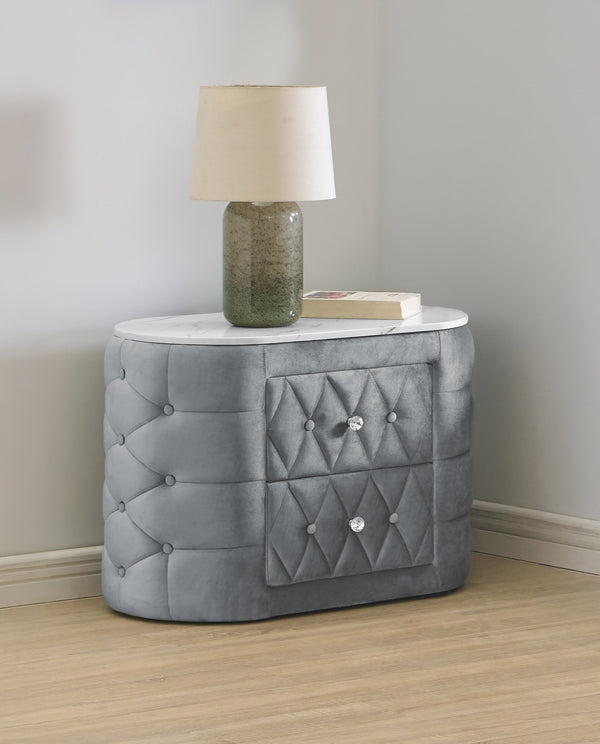 English Elm 1pc Tufted Gray Nightstand with Faux Marble Top, Crystal-Style Hardware, Two Drawers, Glam Chic B2741P318960