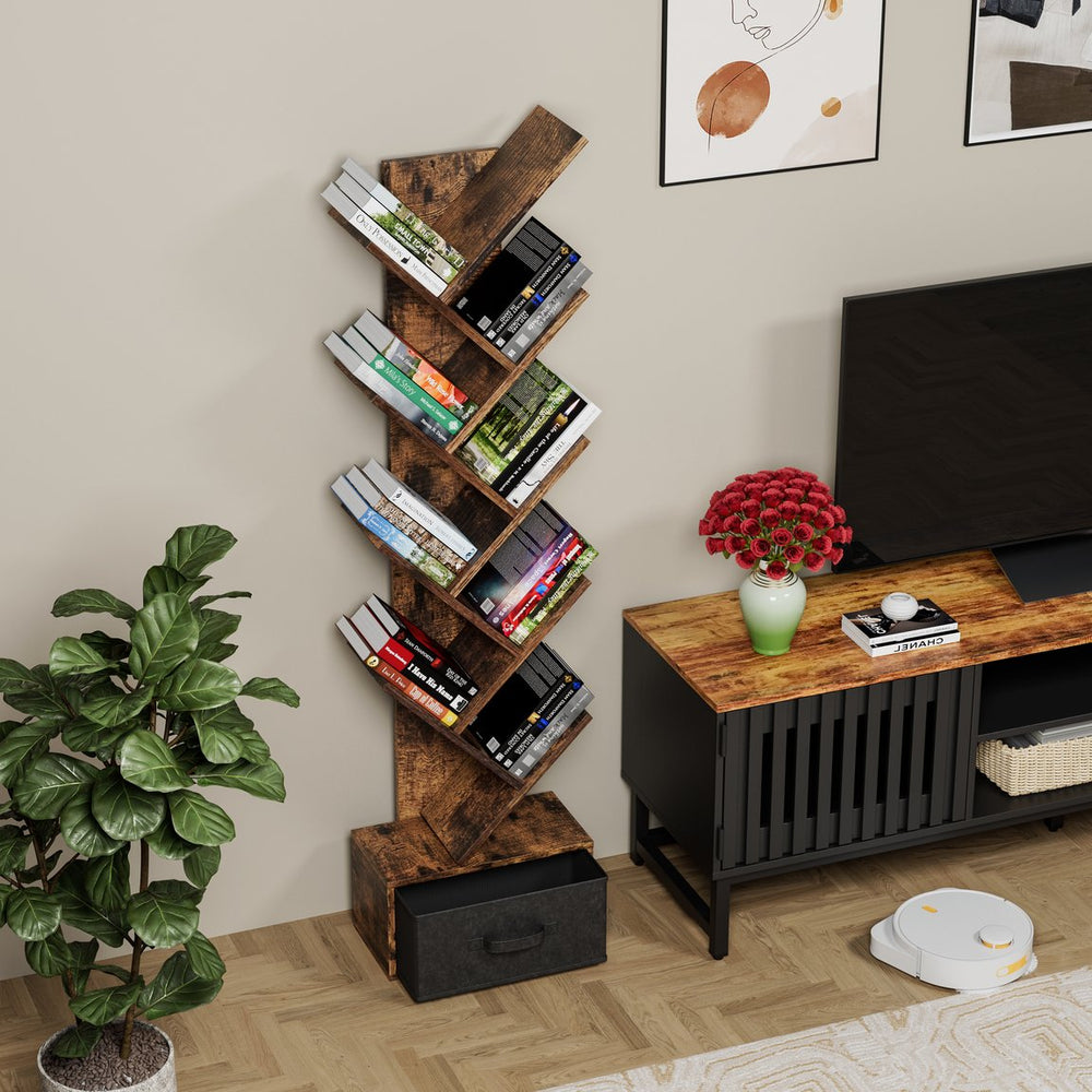 English Elm 9 Tier Tree Bookshelf with Drawer — Rustic Brown 9-Shelf Vertical Bookcase, Space-Saving Storage, Sturdy MDF Organizer (55.5") W578P207919