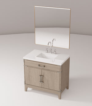 English Elm Grey Oak Single Bath Vanity with White Quartz Top, Chrome Faucet & 34" Mirror — Durable Wood Finish B2731S02012