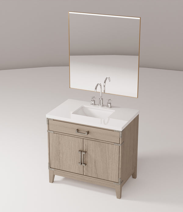 English Elm Grey Oak Single Bath Vanity with White Quartz Top, Chrome Faucet & 34" Mirror — Durable Wood Finish B2731S02012