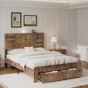 English Elm Full-size Storage Platform Bed Weathered Wood Usb Charging Headboard and Under Drawer W636P430758