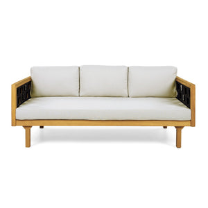 English Elm Three-seater Outdoor Daybed Acacia Wood Teak Frame with Woven Rope and Grey Cushions N770P373436L