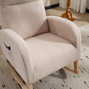 English Elm Modern Upholstered Glider Rocker with Teddy Fabric High Back and Rubberwood Base Beige W3723P409073