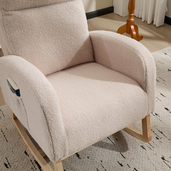 English Elm Modern Upholstered Glider Rocker with Teddy Fabric High Back and Rubberwood Base Beige W3723P409073