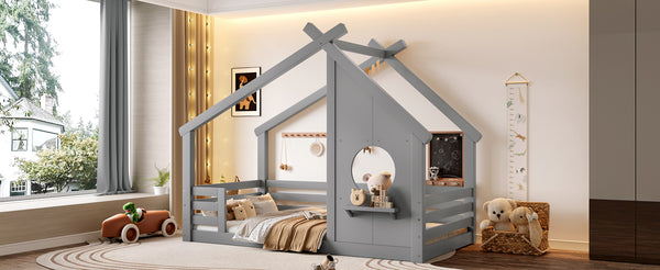 English Elm Twin House Floor Bed with Window & Shelf, Solid Wood Pitched Roof Design for Safe Cozy Sleep Grey W1580P362683