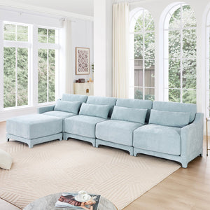 English Elm Four-Seater Sofa Set With Movable Ottoman, Ergonomic Chenille Design, Sky Blue For Stylish Living Spaces W714S01211