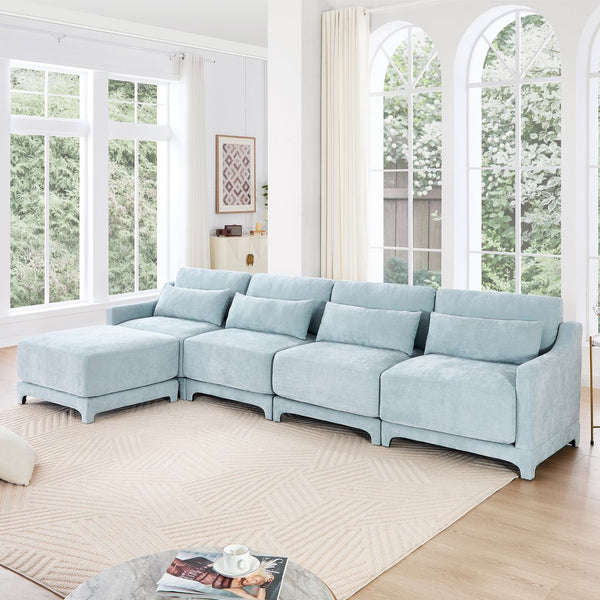 English Elm Four-Seater Sofa Set With Movable Ottoman, Ergonomic Chenille Design, Sky Blue For Stylish Living Spaces W714S01211