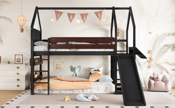 English Elm Full Size Pine Loft Bed House Frame with Slide Bookshelves and Moon Star Rails W1580S00311
