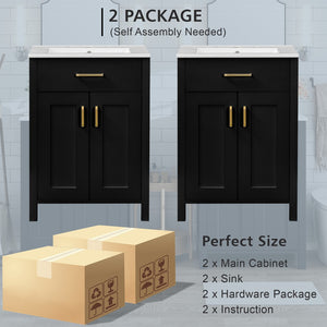 English Elm Modern 48 Inch Freestanding Bathroom Vanity Dual Ceramic Sinks Soft Close Gold Handles Black N729P000008B